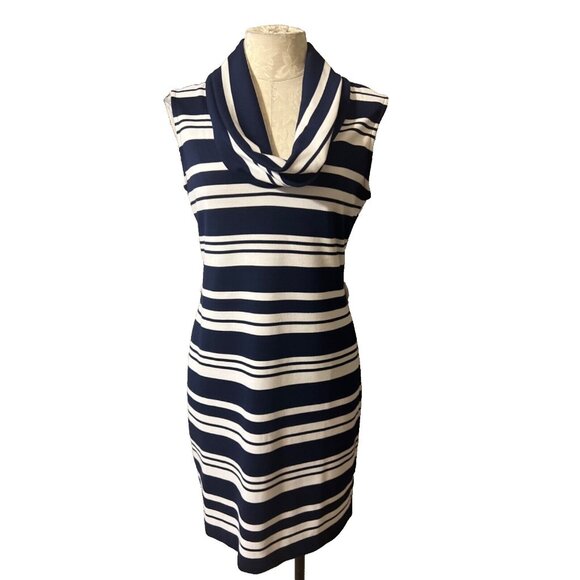 Muse Boston Proper Dress 8 Navy Blue White Stripe Collared Stretch Washable NEW - Picture 1 of 6